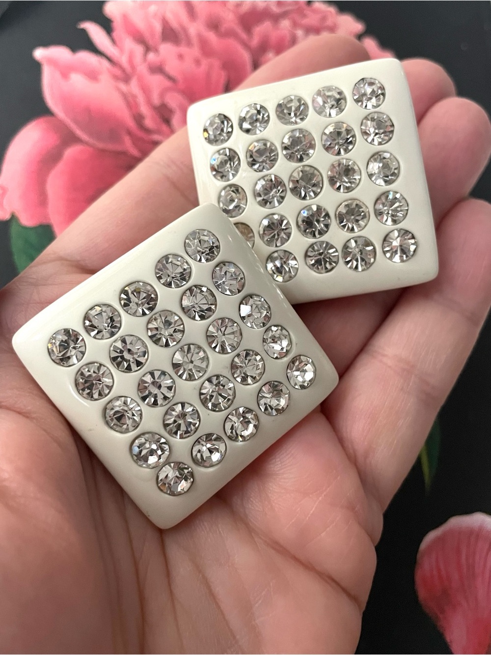 Vintage white square clip-on earrings w/ rows of rhinestones disco over the top